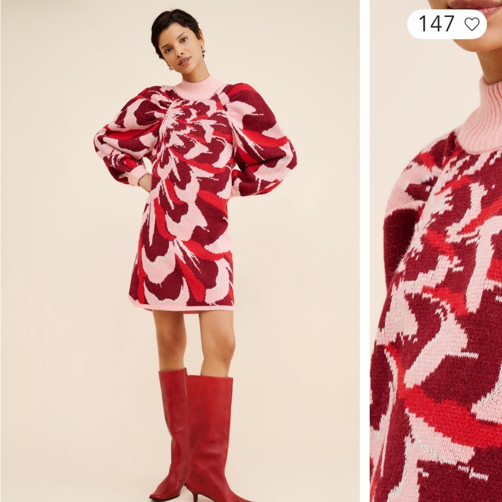 Anthropologie Farm Rio Flower Knit Mini Dress Pink Red Sz L NEW - Picture 13 of 13